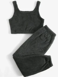 Women's Solid Plush Tank Top And Pants Lounge Sets Casual Comfort Soft Home Street Daily Polyester Breathable Elastic Waist Fall Winter Black White -Deals The Sexy Bra Store aaoseb1688541585239