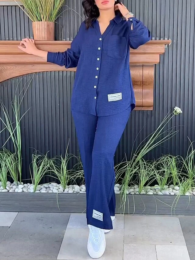 Women's Pajamas Sets Pure Color Casual Comfort Home Daily Bed Polyester Breathable Lapel Long Sleeve Shirt Pant Button Fall Winter Black Blue 5 Women's Pajamas Sets Pure Color Casual Comfort Home Daily Bed Polyester Breathable Lapel Long Sleeve Shirt Pant Button Fall Winter Black Blue - Image 5