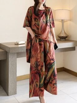 Women's Loungewear Sets Flower Fashion Casual Comfort Street Daily Date Polyester Breathable Crew Neck Short Sleeve T Shirt Tee Pant Pocket Summer Spring Light Green Red -Deals The Sexy Bra Store abhbbs1684410516428