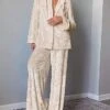 Women's Pajamas Sets Pure Color Warm Fashion Casual Home Daily Bed Velvet Warm Breathable Lapel Long Sleeve Shirt Pant Button Fall Winter Beige