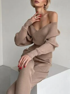 Women's Knitted Lounge Sets Pure Color Fashion Comfort Soft Street Daily Date Acrylic Breathable V Wire Long Sleeve Pant Summer Fall Black Pink -Deals The Sexy Bra Store acqnib1690533192627