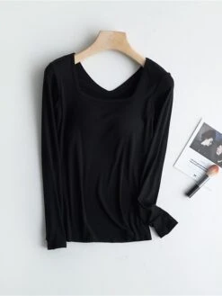 Women's Square Neck Pajama Top With Chest Pads Loungewear Top Pure Color Fashion Casual Comfort Home Street Daily Polyester Breathable Square Neck Long Sleeve Fall Winter Black White Yellow -Deals The Sexy Bra Store adlbtv1697699917082