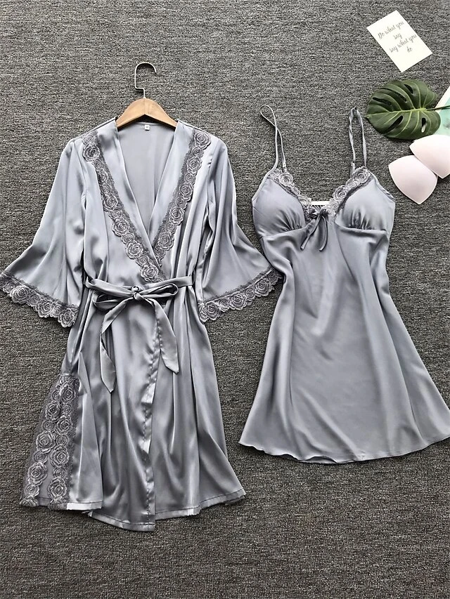 Women's Satin Silk Pajama Sets 2 Pieces Bathrobe Robes Gown Nightgown Pure Color Lovers Hot Comfort Home Daily Bed Satin Breathable V Wire Half Sleeve Summer Spring Silver Champagne 4 Women's Satin Silk Pajama Sets 2 Pieces Bathrobe Robes Gown Nightgown Pure Color Lovers Hot Comfort Home Daily Bed Satin Breathable V Wire Half Sleeve Summer Spring Silver Champagne - Image 4