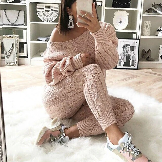 Women's Loungewear Sweatsuit Sets 2 Pieces Pure Color Warm Fashion Sport Home Street Airport Knit Off Shoulder Long Sleeve Sweater Pant Fall Winter Lotus Pink Black 5 Women's Loungewear Sweatsuit Sets 2 Pieces Pure Color Warm Fashion Sport Home Street Airport Knit Off Shoulder Long Sleeve Sweater Pant Fall Winter Lotus Pink Black - Image 5