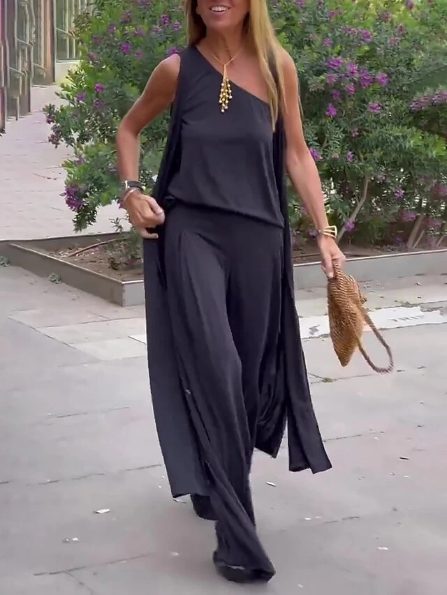 Women's Sets 4 Pcs Cotton And Spandex One Shoulder Shirt Long Vest Cardigan And Wide Leg Pants Pure Color Comfort Soft Home Daily Jersey Summer Spring Black Gray 4 Women's Sets 4 Pcs Cotton And Spandex One Shoulder Shirt Long Vest Cardigan And Wide Leg Pants Pure Color Comfort Soft Home Daily Jersey Summer Spring Black Gray - Image 4