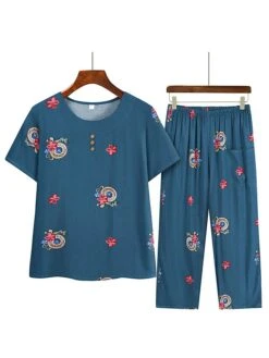 Women's Plus Size Loungewear Sets Flower Leaves Simple Casual Comfort Home Daily Vacation Polyester Breathable Crew Neck Short Sleeve T Shirt Tee Summer Spring Lake Blue Army Green 14 Women's Plus Size Loungewear Sets Flower Leaves Simple Casual Comfort Home Daily Vacation Polyester Breathable Crew Neck Short Sleeve T Shirt Tee Summer Spring Lake Blue Army Green -Deals The Sexy Bra Store afdjpf1683171864227