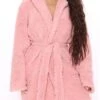 Women's Plush Bathrobe Pajamas Pure Color Warm Plush Casual Home Daily Bed Flannel Warm Hoodie Long Sleeve Belt Included Fall Winter Pink