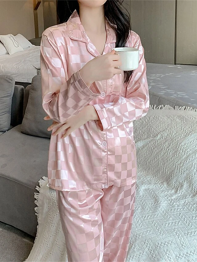 Women's Satin Silk Lounge Sets 2 Pieces Grid / Plaid Fashion Casual Comfort Street Daily Date Silk Breathable Lapel Long Sleeve Pant Button Pocket Summer Fall Black White 3 Women's Satin Silk Lounge Sets 2 Pieces Grid / Plaid Fashion Casual Comfort Street Daily Date Silk Breathable Lapel Long Sleeve Pant Button Pocket Summer Fall Black White - Image 3