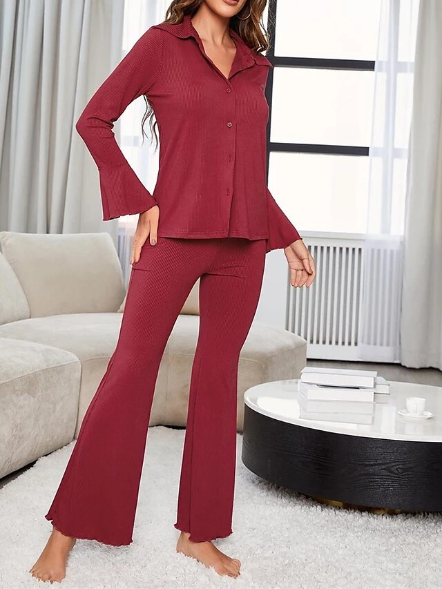 Women's Loungewear Sets Pure Color Fashion Casual Comfort Wedding Party Polyester Breathable Lapel Long Sleeve Shirt Pant Button Fall Winter Wine 5 Women's Loungewear Sets Pure Color Fashion Casual Comfort Wedding Party Polyester Breathable Lapel Long Sleeve Shirt Pant Button Fall Winter Wine - Image 5