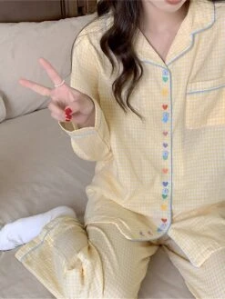 Women's Loungewear Sets Heart Grid / Plaid Fashion Comfort Soft Home Daily Bed Cotton Breathable Lapel Long Sleeve Shirt Pant Button Pocket Fall Winter Yellow -Deals The Sexy Bra Store ahzsqu1695281894251