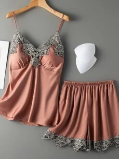 Women's Pajama Satin Top And Pant Sets 2Pcs Pure Color Fashion Casual Soft Home Daily BedBreathable Straps Sleeveless Strap Top Shorts Chest Pads Removable Pad Summer Spring Lotus Pink Yellow -Deals The Sexy Bra Store aiudxc1683787547051