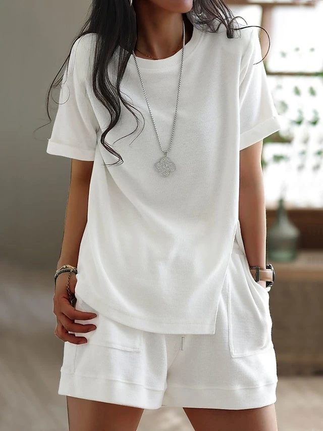 Women's Plus Size Loungewear Sets Pure Color Sport Casual Comfort Home Street Daily Polyester Breathable Crew Neck Short Sleeve T Shirt Tee Shorts Pocket Summer Spring Black White 3 Women's Plus Size Loungewear Sets Pure Color Sport Casual Comfort Home Street Daily Polyester Breathable Crew Neck Short Sleeve T Shirt Tee Shorts Pocket Summer Spring Black White - Image 3