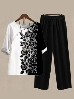 Women's 2 Piece Loungewear Sets Top And Pant Sets Flower Fashion Casual Soft Home Daily Bed Polyester Breathable Crew Neck Half Sleeve T Shirt Tee Pant Summer Spring Black