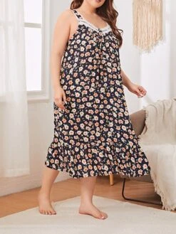 Women's Plus Size Loungewear Dress Flower Casual Comfort Soft Home Daily Bed Polyester Breathable Straps Sleeveless Dress Spring Summer Black Pink -Deals The Sexy Bra Store akqitk1676281708494
