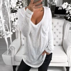 Women's Plus Size Loungewear Top Nighty Pure Color Basic Simple Comfort Home Daily Cotton V Wire Long Sleeve Pocket Spring Fall White Black