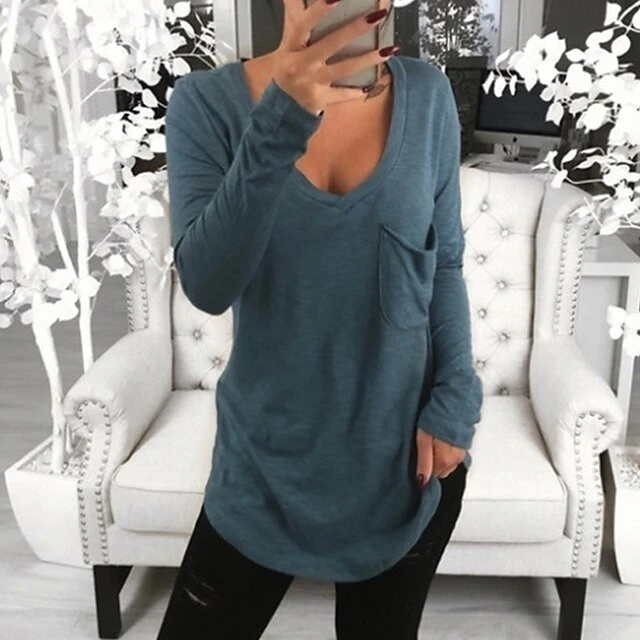 Women's Plus Size Loungewear Top Nighty Pure Color Basic Simple Comfort Home Daily Cotton V Wire Long Sleeve Pocket Spring Fall White Black 3 Women's Plus Size Loungewear Top Nighty Pure Color Basic Simple Comfort Home Daily Cotton V Wire Long Sleeve Pocket Spring Fall White Black - Image 3