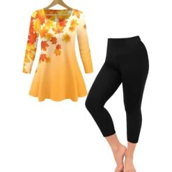 Women's Sets 2 Pieces Leaves Casual Comfort Home Daily Polyester Breathable Crew Neck Long Sleeve Pullover Pant Summer Spring Orange