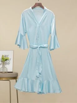 Women's Pajamas Robe Bathrobe Silk Robe Pure Color Fashion Comfort Wedding Party Satin Breathable V Wire Half Sleeve Summer Fall Light Pink Light Blue -Deals The Sexy Bra Store alyyps1692779762533