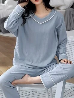 Women's Pajamas Sets Nighty Pjs 2 Pieces Pure Color Fashion Simple Comfort Home Daily Bed Cotton Breathable Gift V Wire Long Sleeve Pant Elastic Waist Fall Spring Green Blue -Deals The Sexy Bra Store amadzv1640598858308