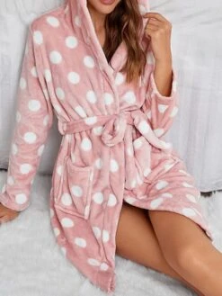 Women's Robes Gown Pjs Dot Comfort Soft Home Bed Polyester Hoodie Long Sleeve Pocket Hoodie Fall Winter Pink -Deals The Sexy Bra Store ampese1662541451141