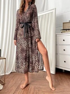 Women's Pajamas Robe Bathrobe Leopard Simple Casual Comfort Home Daily Spa Spandex Breathable V Wire Long Sleeve Fall Winter Brown -Deals The Sexy Bra Store aojcrx1694164362467