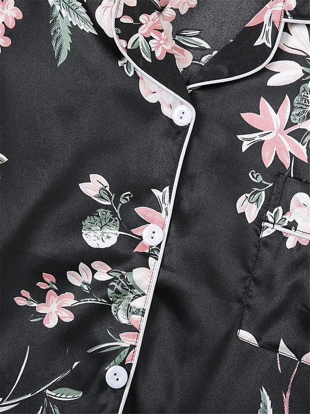 Women's Pajamas Sets Flower Fashion Comfort Soft Home Daily Bed Satin Breathable Lapel Long Sleeve Shirt Pant Button Pocket Fall Winter Black Gray 10 Women's Pajamas Sets Flower Fashion Comfort Soft Home Daily Bed Satin Breathable Lapel Long Sleeve Shirt Pant Button Pocket Fall Winter Black Gray - Image 10