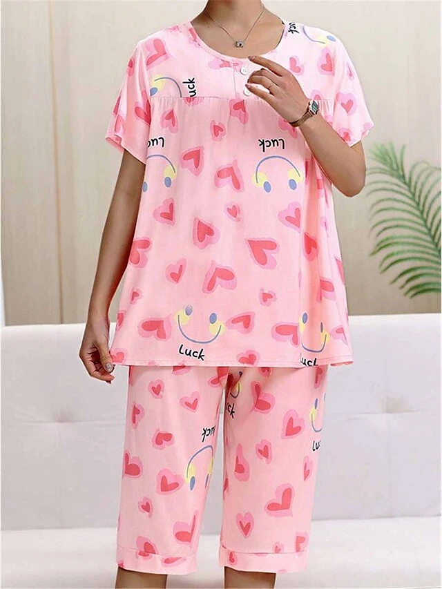 Women's Pajamas Pajama Top And Pant Sets Cartoon Heart Fashion Casual Soft Home Daily Bed Cotton Blend Breathable Crew Neck Short Sleeve T Shirt Tee Shorts Elastic Waist Summer Spring Light Pink Pink 3 Women's Pajamas Pajama Top And Pant Sets Cartoon Heart Fashion Casual Soft Home Daily Bed Cotton Blend Breathable Crew Neck Short Sleeve T Shirt Tee Shorts Elastic Waist Summer Spring Light Pink Pink - Image 3