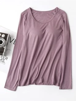 Women's Pink Pajama Top With Chest Pads Loungewear Top Pure Color Fashion Casual Comfort Street Daily Bed Modal Breathable Crew Neck Long Sleeve Fall Winter Black White -Deals The Sexy Bra Store apcsds1697699935020