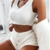 Women's Pajamas Sets Pure Color Fashion Casual Soft Home Daily Bed Fleece Breathable V Wire Long Sleeve Tank Top Shorts Fall Winter Black White