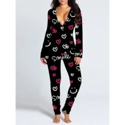 Women's Onesie Pajamas Lip Print Butterfly Casual Comfort Soft Home BedBreathable V Wire Long Sleeve Fall Winter Black White -Deals The Sexy Bra Store apwfcb1697074787040