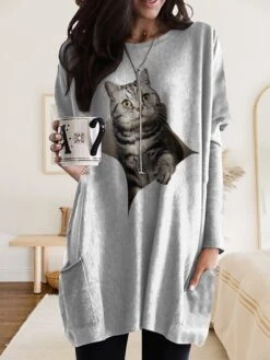 Women's Nightgown Cat Dog Fashion Comfort Home Daily Polyester Crew Neck Long Sleeve Pocket Fall Winter Khaki Light Grey -Deals The Sexy Bra Store aqfkjj1693552952799