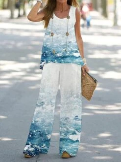 Women's Petite Loungewear Sets 2 Pieces Rendering Casual Comfort Street Daily Polyester Breathable Crew Neck Summer Spring Blue And White Lake Blue