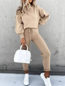 Women's Lounge Sets Sweatshirt Drawstring Pants Pure Color Fashion Comfort Soft Street Daily Vacation Polyester Breathable Crew Neck Long Sleeve Pant Elastic Waist Summer Fall Black Khaki -Deals The Sexy Bra Store aqqeno1689845883254