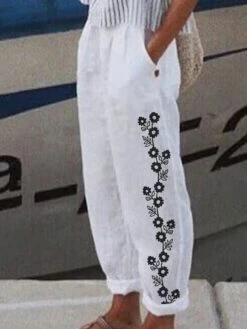 Women's Plus Size Loungewear Bottom Nighty Flower Simple Comfort Home Street Vacation Cotton And Linen Breathable Long Pant Elastic Waist Spring Summer White Black -Deals The Sexy Bra Store ardrdp1652757488014