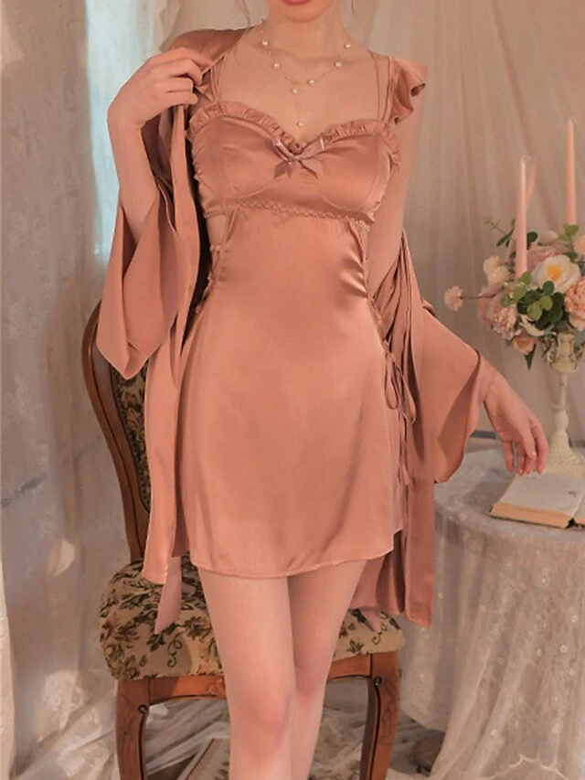 Women's Satin Silk Bathrobe Nightgown Nightshirt Dress 2 Pieces Pure Color Casual Comfort Soft Home Bed Breathable V Wire Long Sleeve Hole Fall Winter Black White 20 Women's Satin Silk Bathrobe Nightgown Nightshirt Dress 2 Pieces Pure Color Casual Comfort Soft Home Bed Breathable V Wire Long Sleeve Hole Fall Winter Black White - Image 20