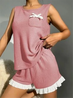 Women's Pajamas Pajama Top And Pant Sets Pure Color Simple Casual Soft Home Daily Bed Waffle Fabric Breathable Crew Neck Sleeveless Shorts Summer Spring Yellow Pink