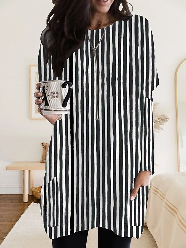 Women's Nightgown Stripe Fashion Comfort Home Daily Polyester Crew Neck Long Sleeve Pocket Fall Winter Black White 3 Women's Nightgown Stripe Fashion Comfort Home Daily Polyester Crew Neck Long Sleeve Pocket Fall Winter Black White - Image 3