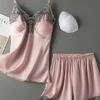 Women's Pajama Satin Top And Pant Sets 2Pcs Pure Color Fashion Casual Soft Home Daily BedBreathable Straps Sleeveless Strap Top Shorts Chest Pads Removable Pad Summer Spring Lotus Pink Yellow