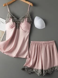 Women's Pajama Satin Top And Pant Sets 2Pcs Pure Color Fashion Casual Soft Home Daily BedBreathable Straps Sleeveless Strap Top Shorts Chest Pads Removable Pad Summer Spring Lotus Pink Yellow