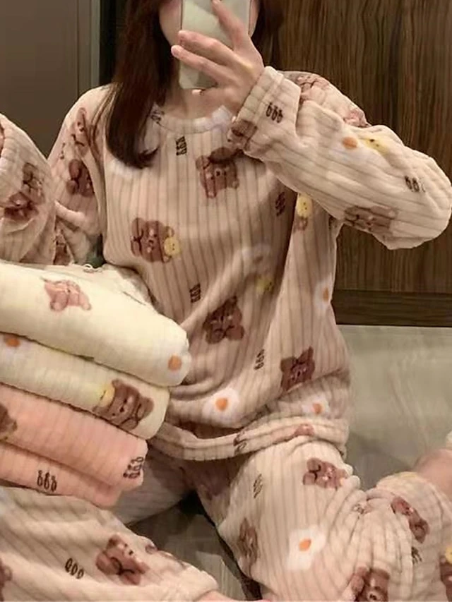 Women's Loungewear Sets 2 Pieces Bear Peach Fashion Casual Comfort Street Daily Date Polyester Warm Crew Neck Long Sleeve Pant Fall Winter Lotus Pink Black 15 Women's Loungewear Sets 2 Pieces Bear Peach Fashion Casual Comfort Street Daily Date Polyester Warm Crew Neck Long Sleeve Pant Fall Winter Lotus Pink Black - Image 15