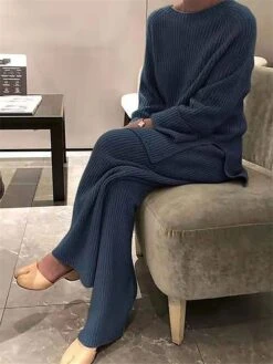 Women's Pajamas Sets Pure Color Fashion Casual Soft Home Daily Bed Knit Breathable Crew Neck Long Sleeve Pant Fall Winter Black Blue