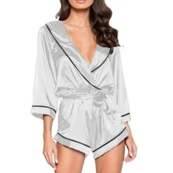 Women's Pajamas Onesies Jumpsuits Nighty 1 PCS Stripes Pure Color Comfort Sweet Party Home Bed Satin Gift Plunging Neck Long Sleeve Basic Fall Spring Pink Navy Blue / Silk -Deals The Sexy Bra Store avrrsg1632992594702