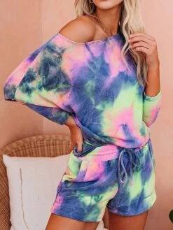 Women's Pajama Top And Pant Tie Dye Fashion Casual Soft Home Daily Bed Polyester Breathable One Shoulder Long Pant T Shirt Tee Shorts Summer Fall Light Green Blue -Deals The Sexy Bra Store avwlmv1690183504274