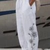 Women's Plus Size Loungewear Bottom Nighty Flower Simple Comfort Home Street Vacation Cotton And Linen Breathable Long Pant Elastic Waist Spring Summer White Black
