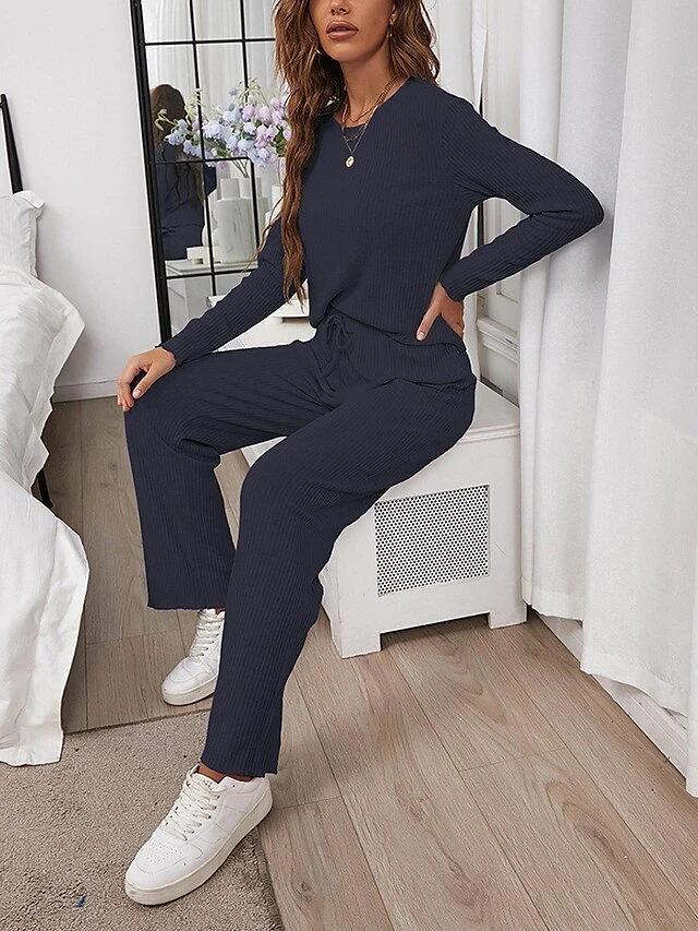 Women's Waffle Knit Lounge Sets Pure Color Fashion Casual Soft Home Daily Bed Polyester Breathable Crew Neck Long Sleeve T Shirt Tee Pant Elastic Waist Summer Fall Navy Blue Blue 15 Women's Waffle Knit Lounge Sets Pure Color Fashion Casual Soft Home Daily Bed Polyester Breathable Crew Neck Long Sleeve T Shirt Tee Pant Elastic Waist Summer Fall Navy Blue Blue - Image 15