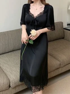 Women's Satin Silk Nightgown Pajamas Nightshirt Dress Pure Color Casual Comfort Sweet Home Daily Bed Lace Breathable V Wire Chest Pads Fall Winter Short Sleeve White Short Sleeve Black -Deals The Sexy Bra Store axayrz1697170317328