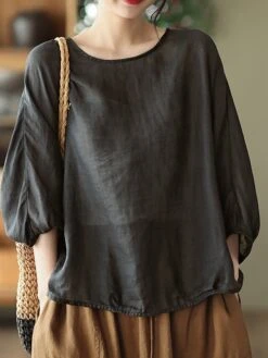 Women's Plus Size Loungewear Top Pure Color Simple Casual Comfort Home Daily Vacation Linen Breathable Crew Neck Long Sleeve Shirt Summer Spring Black Purple -Deals The Sexy Bra Store axylcu1681275709559