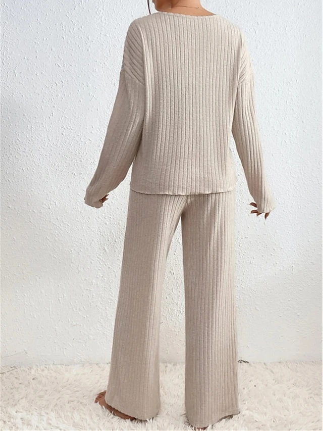 Women's Loungewear Sets Pure Color Casual Comfort Soft Home Daily Vacation Polyester Breathable V Wire Long Sleeve Sweater Pant Fall Winter Black Brown 4 Women's Loungewear Sets Pure Color Casual Comfort Soft Home Daily Vacation Polyester Breathable V Wire Long Sleeve Sweater Pant Fall Winter Black Brown - Image 4