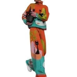 Women's Loungewear Sweatsuit Sets 2 Pieces Cat Stripe Warm Fashion Comfort Home Street Going Out Knit High Neck Long Sleeve Sweater Pant Fall Winter Black White