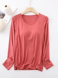 Women's Pajamas Top Pure Color Simple Casual Soft Home Daily Bed Cotton Breathable Crew Neck Long Sleeve Chest Pads Fall Winter Sauce Purple Champagne Powder -Deals The Sexy Bra Store bahqkd1693467408209